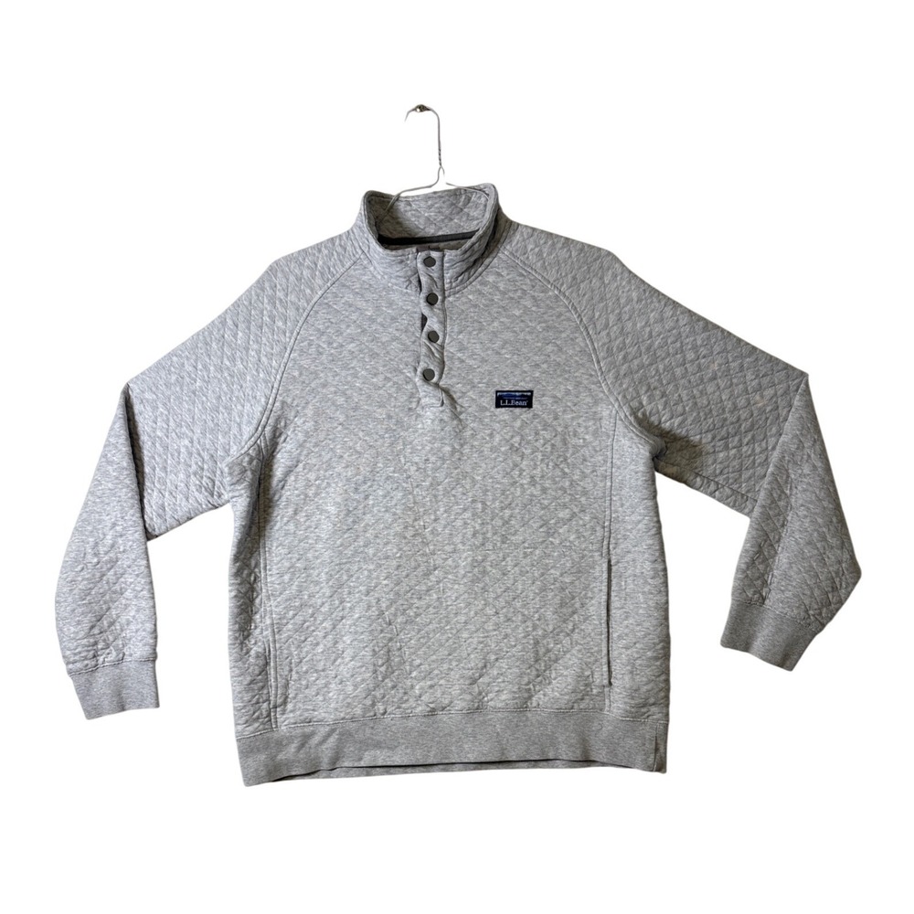 LL Bean Mens Quilted Sweatshirt Gray Snap Mock Neck Pullover 509332 Large REG